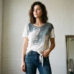 AllSaints Top Womens Medium White Grey Abstract Palm Print Side Tie Knot Tee